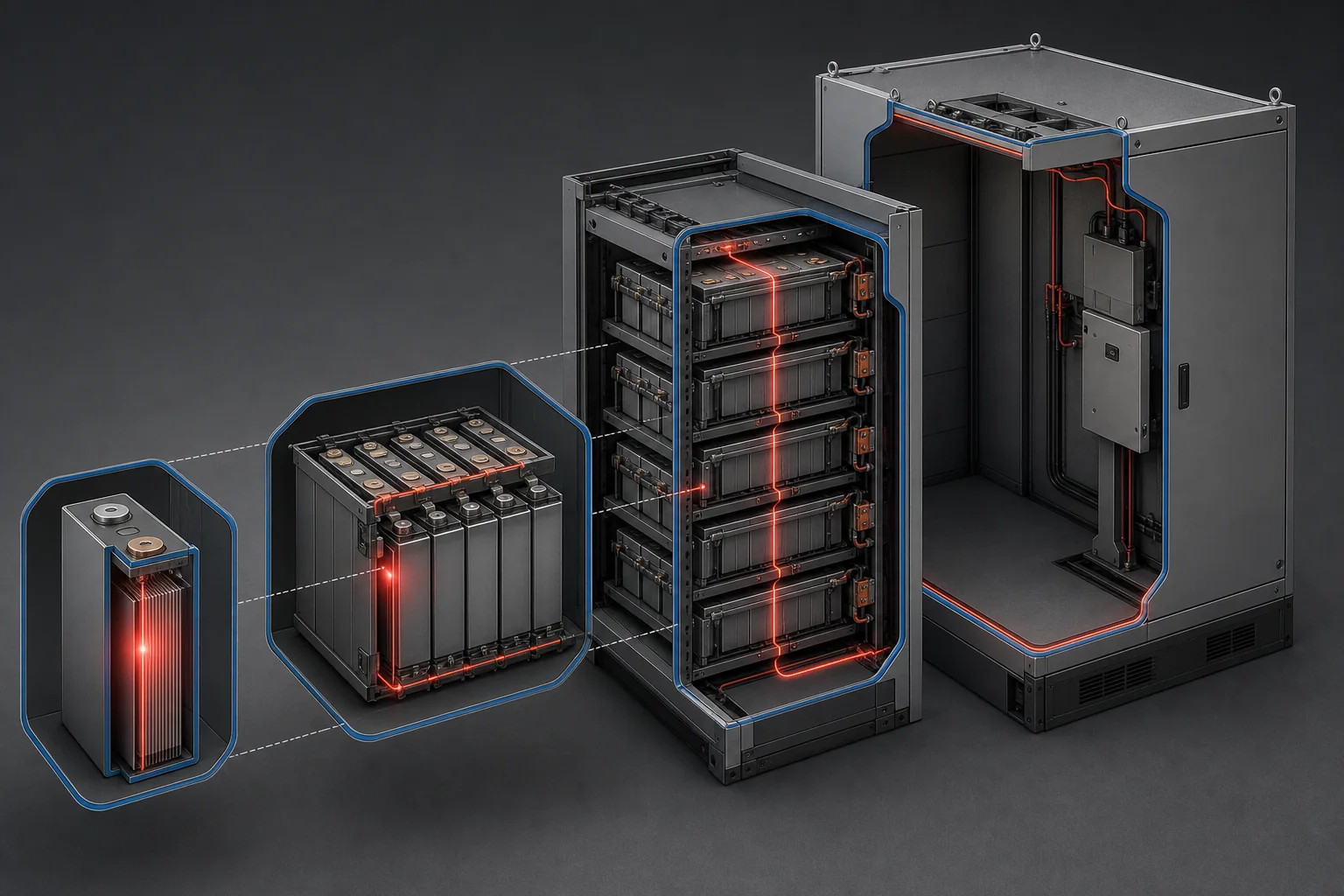 Technical illustration of thermal boundaries in a battery energy storage system